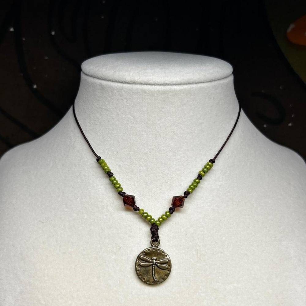 Dragonfly Czech seed beads brown olive green dainty adjustable cord boho chic